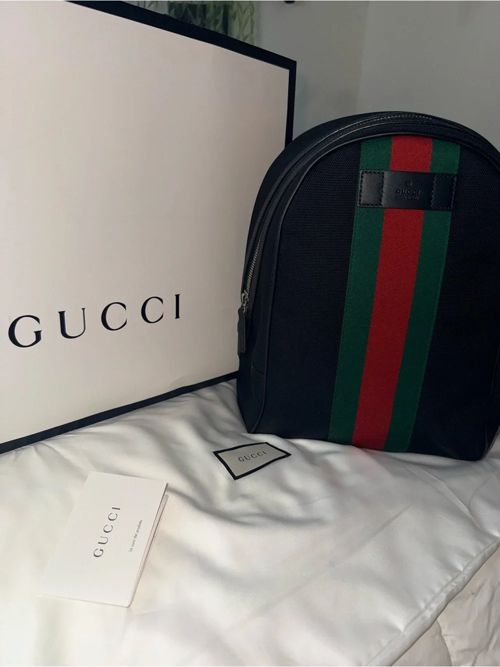 Gucci Black Nylon Backpack with Green and Red Stripe
